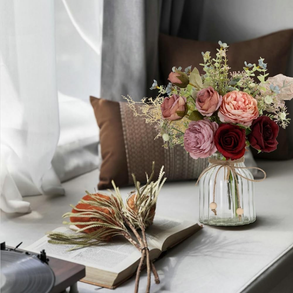 LESING Fake Artificial Flowers with Vase Faux Silk Flower Bouquet in Glass Vase