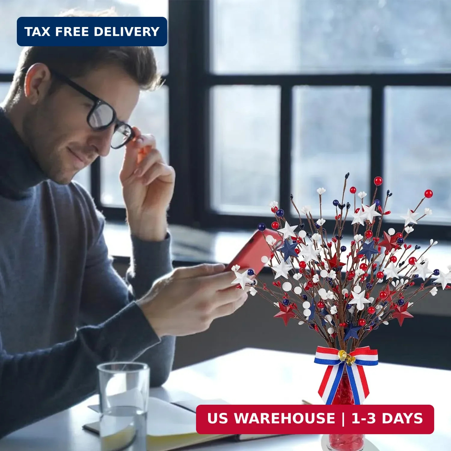 4 Pack Patriotic Artificial Berry Stem Picks White Blue Red Stars for 4th of Jul
