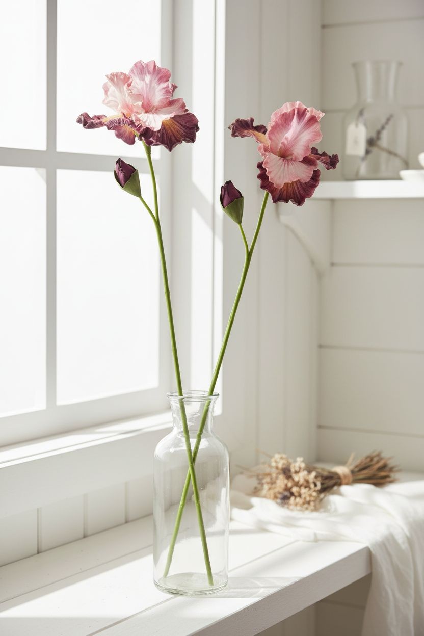 Blush Pink and Plum Purple Real Touch Iris Stems Set of 2 21 Inch Faux Flowers f