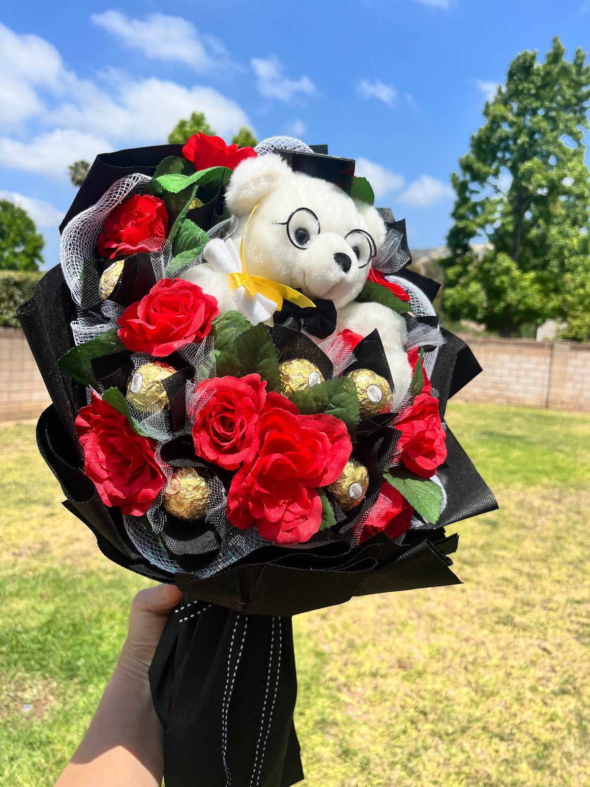 Graduation Bouquet with Teddy Bear, Ferrero Rocher & Red Roses