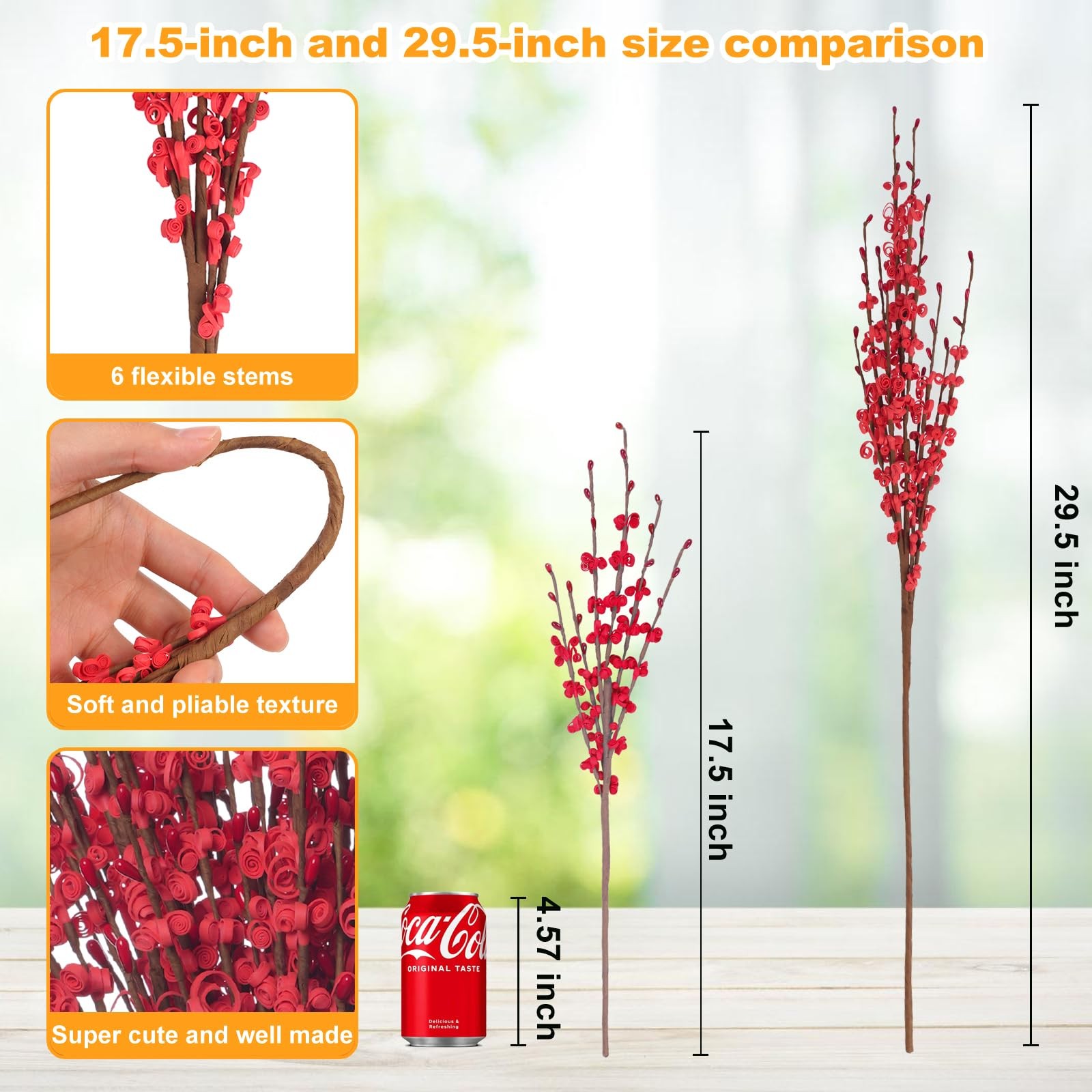 Red Flowers Artificial Jasmine 17.5 Inch Faux Patriotic Red Berries 10 PCS