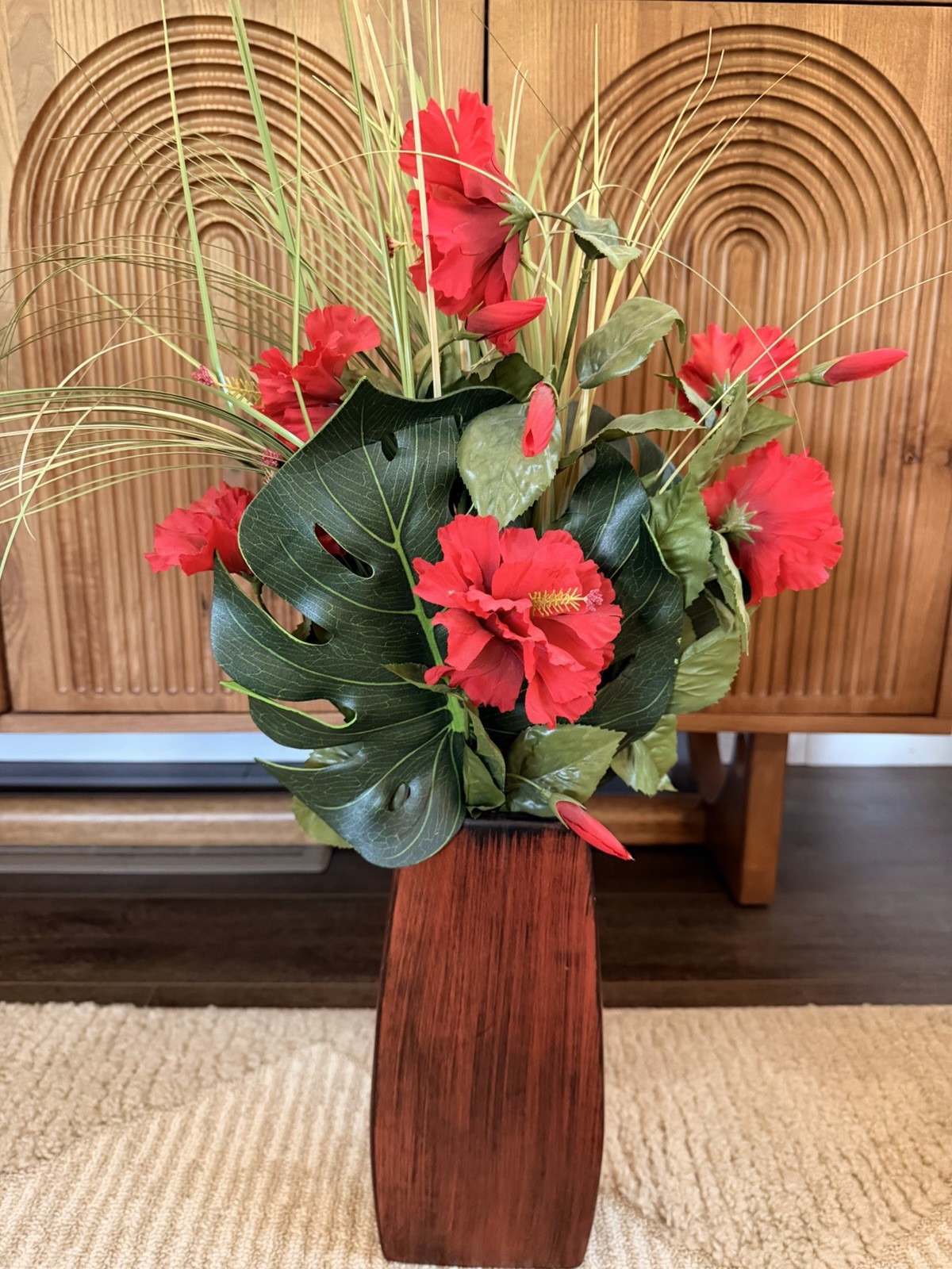 Large Tropical Silk Floral Arrangement Red Hibiscus Monstera Leaves Wood Vase