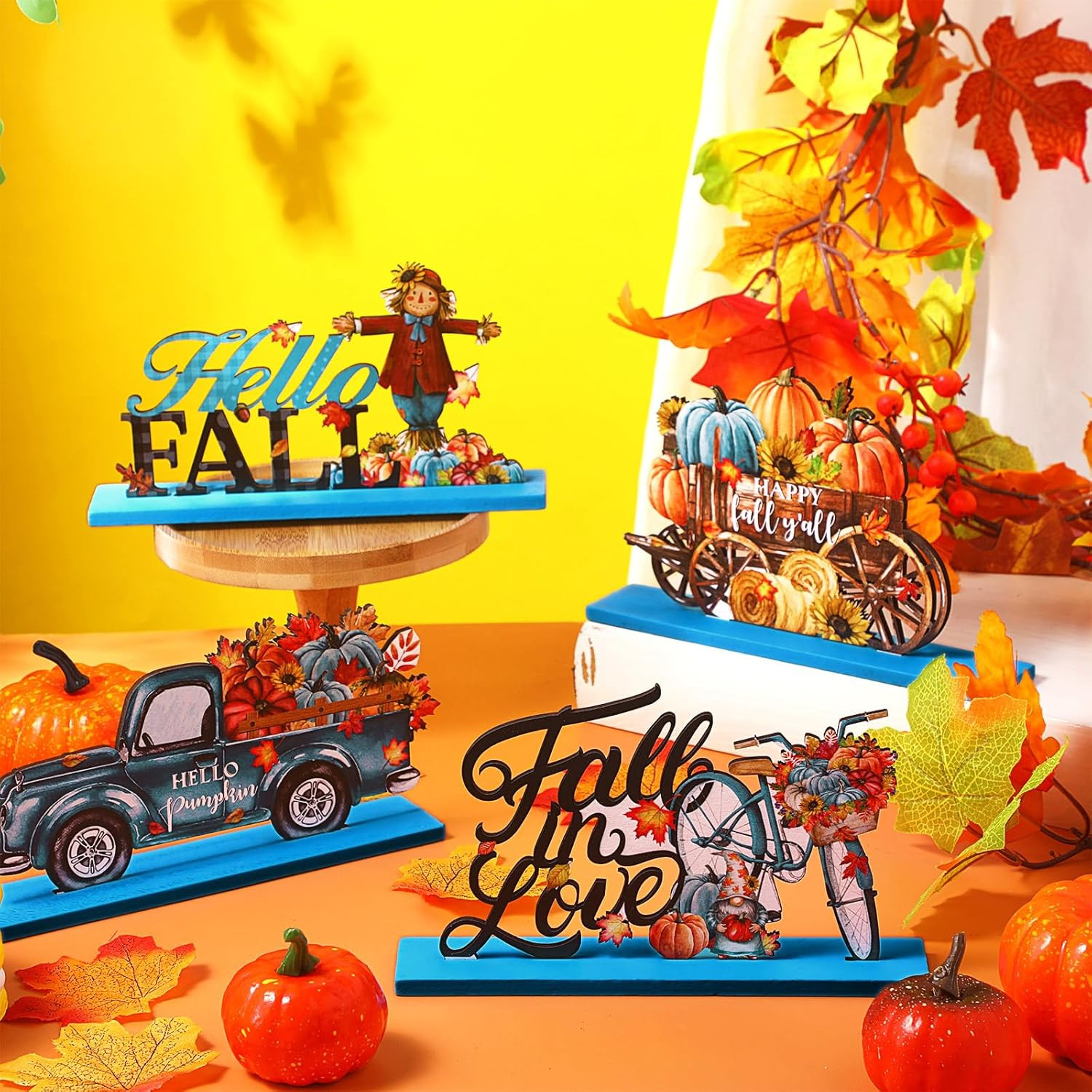 4 Pcs Fall Wooden Table Decorations Blue Autumn Harvest Table Centerpieces Hello