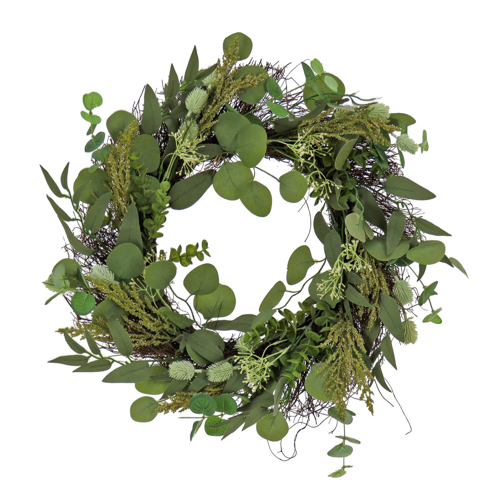 22 in. Spring Wreath with Eucalyptus Leaves, Baby’s Breath, Flowing Green Stems