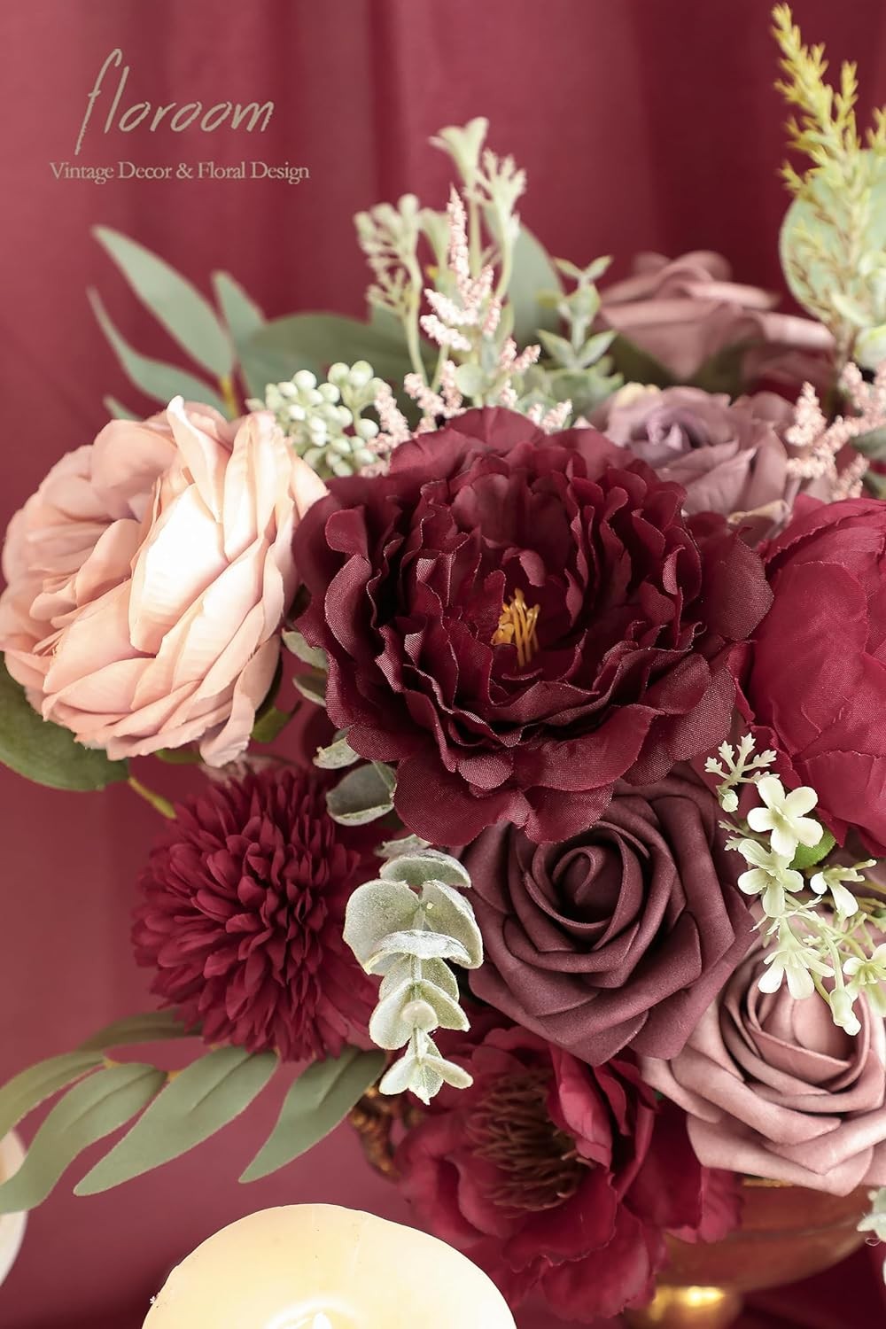 Floroom Burgundy Mauve Artificial Flowers Marsala Fake Roses Peonies and Greener