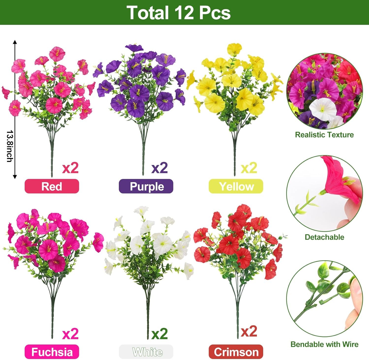 Roberly 12 Bundles Artificial Flowers for Outdoors Fake Silk Morning Glory