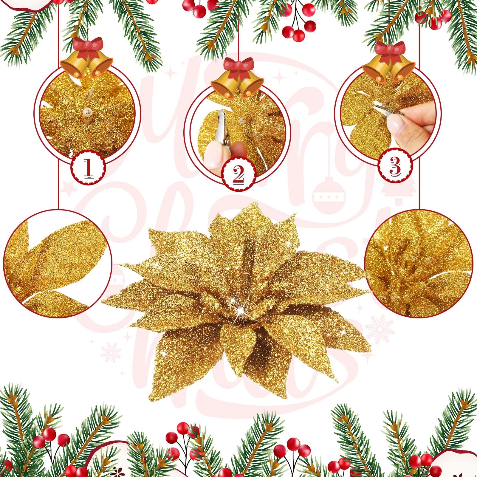 24 Pcs Christmas Poinsettias Artificial Flowers, 6 4 3 Glitter Poinsettia Cli…