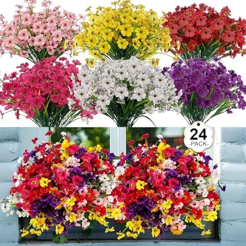 24 Pcs (6 Color) UV Resistant Outdoor Artificial Faux Flowers Plants Realistic P