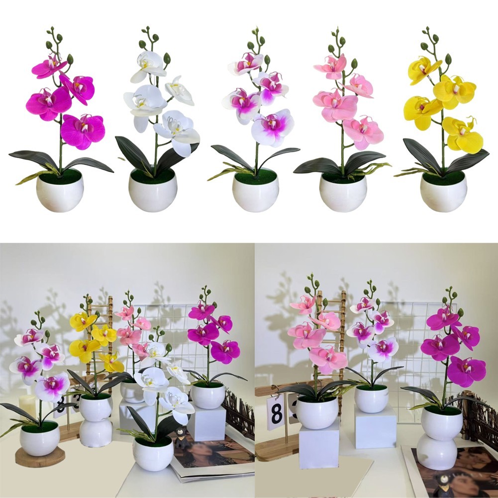 Faux Orchid Four Flower Bonsai in Small Round Belly Pot for Home Office