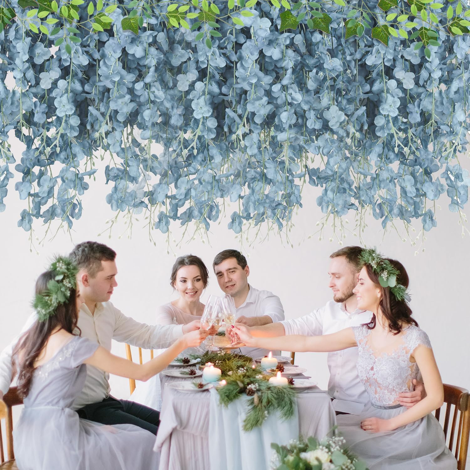 25 Pcs Artificial Wisteria Hanging Flowers 3.6Ft Dusty Blue Fake Hanging Flowers