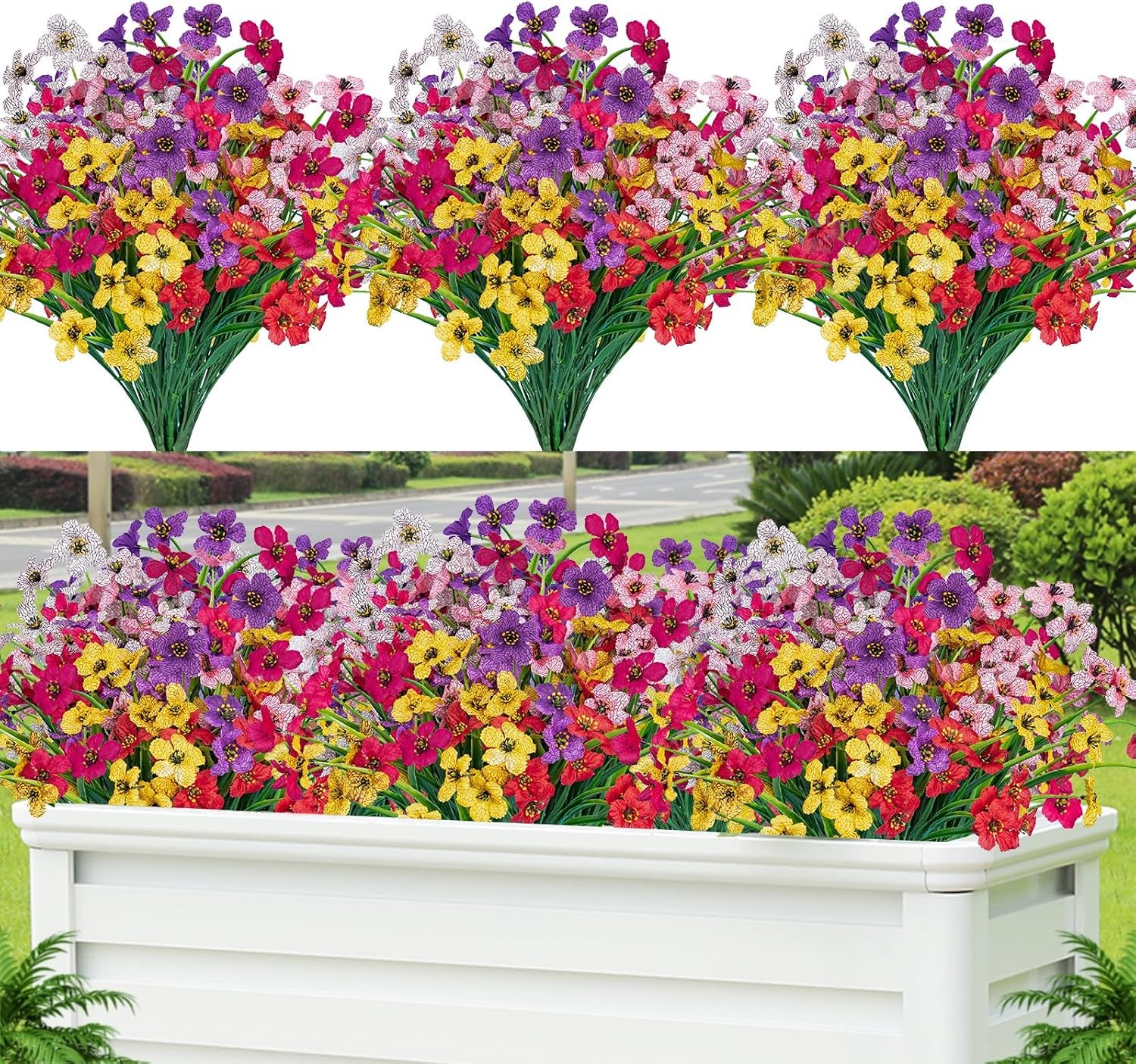 24 Pcs Artificial Flowers UV Resistant, Faux Plastic Shrubs Outdoor Decor