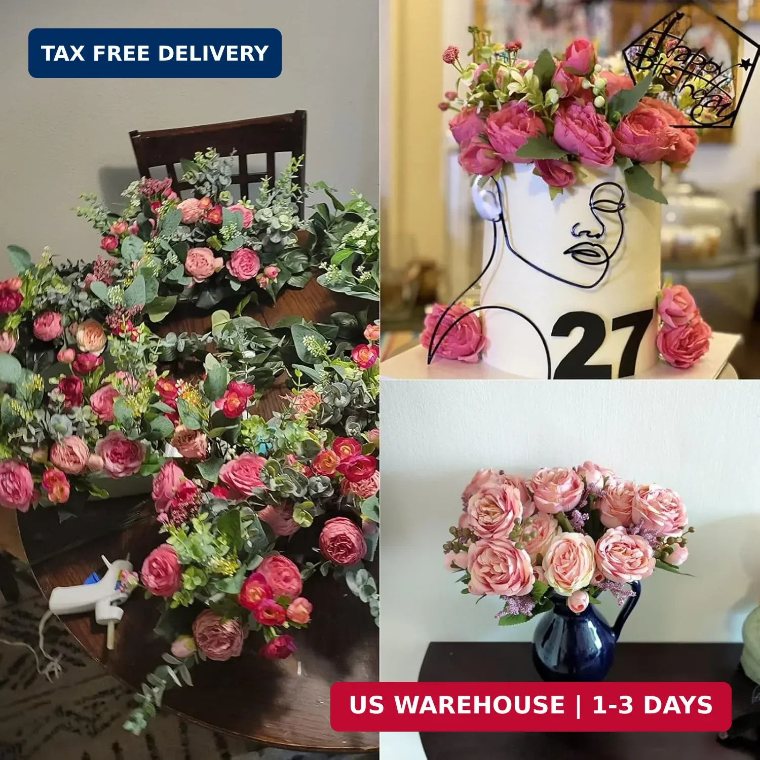 Artificial Peonies Silk Flowers, Pink Faux Peony Bouquet 4 Bundles Florals Arran