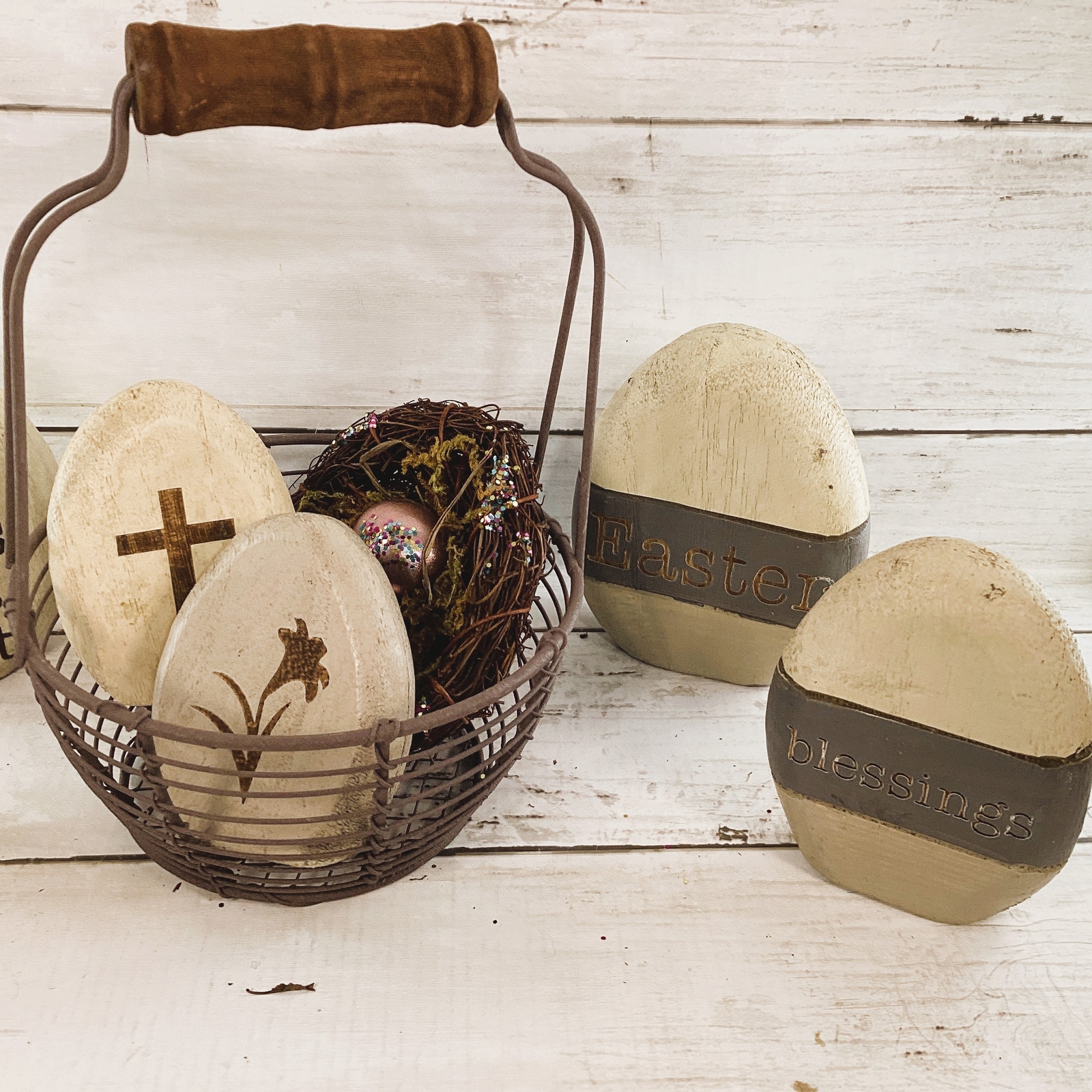CWI Easter Decor – Prim Egg Basket Wood Eggs Birds Nest