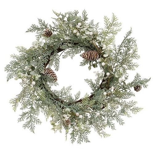 New Farmhouse Christmas FROSTED CEDAR WHITE BERRY WREATH Pinecones 18″