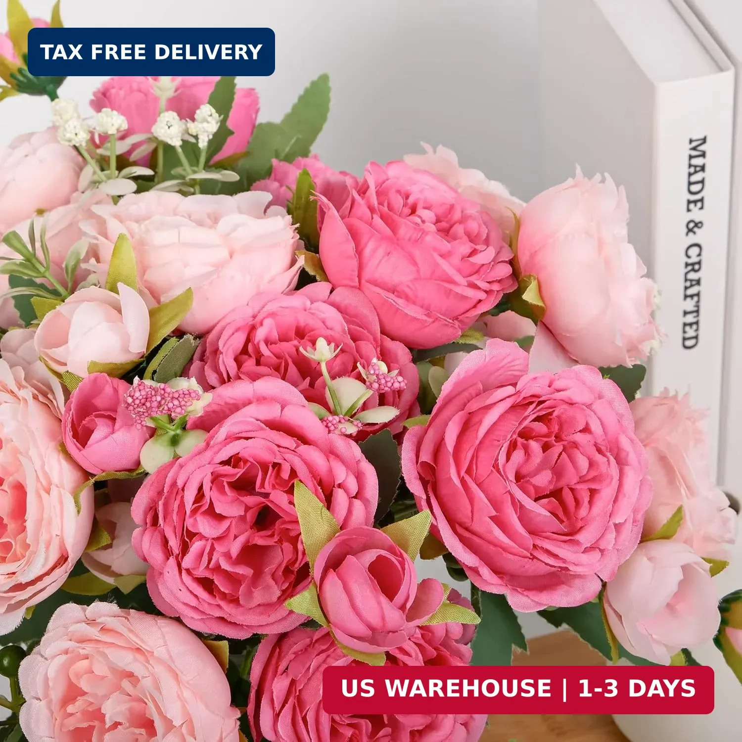 Artificial Peonies Silk Flowers, Pink Faux Peony Bouquet 4 Bundles Florals Arran