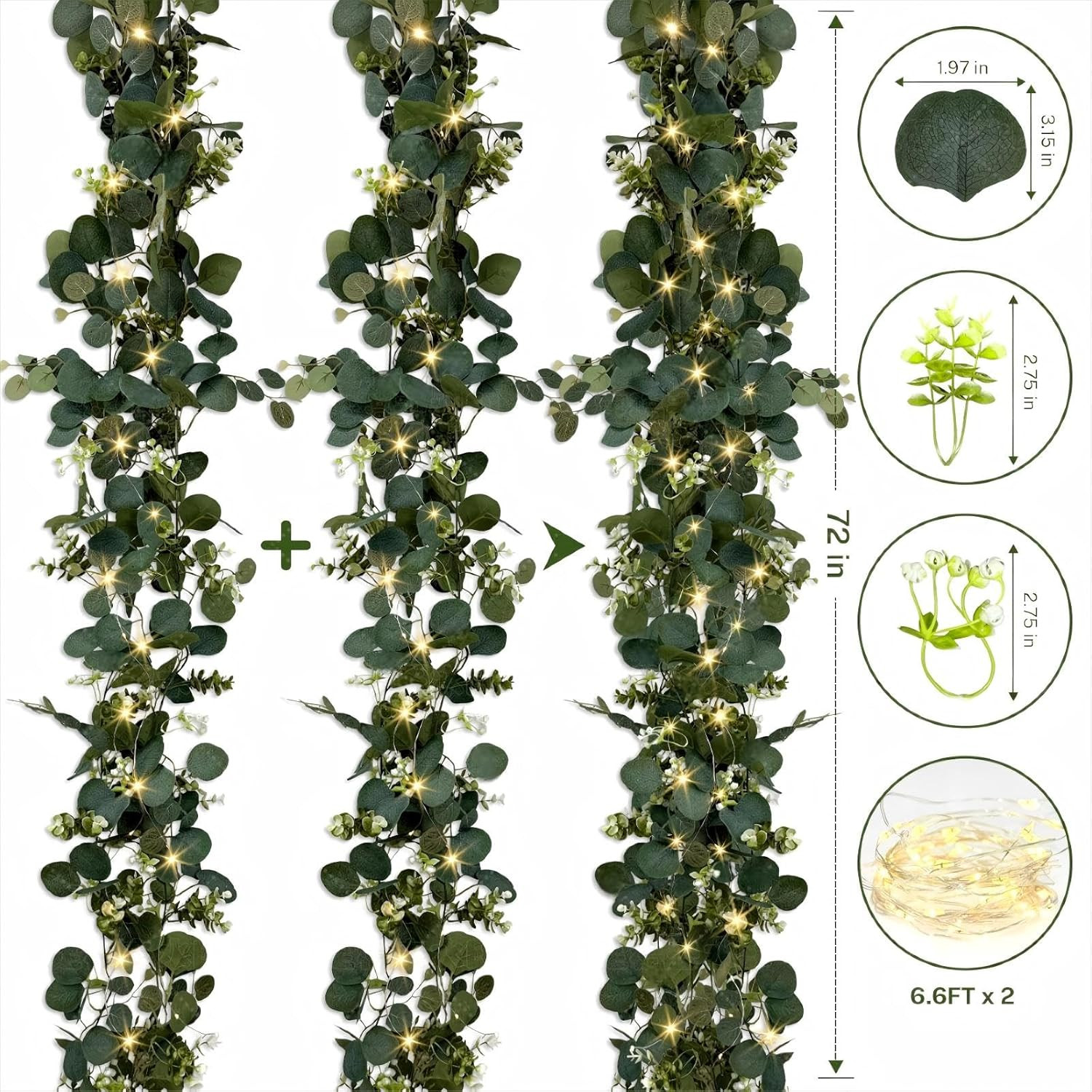 Eucalyptus Garland with Lights, 2 Packs 6FT Green Flower Garland Decor, Artifici
