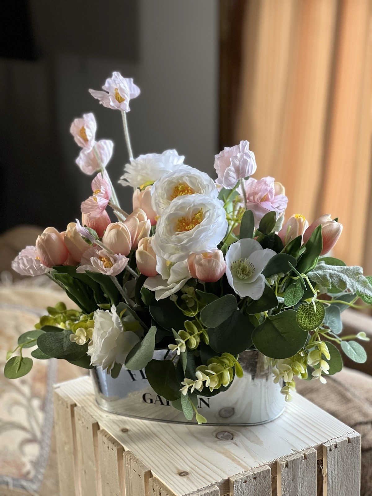 Cottagecore Silk Flower Centerpiece – Pink Tulips & White Peonies Oval Metal Tin