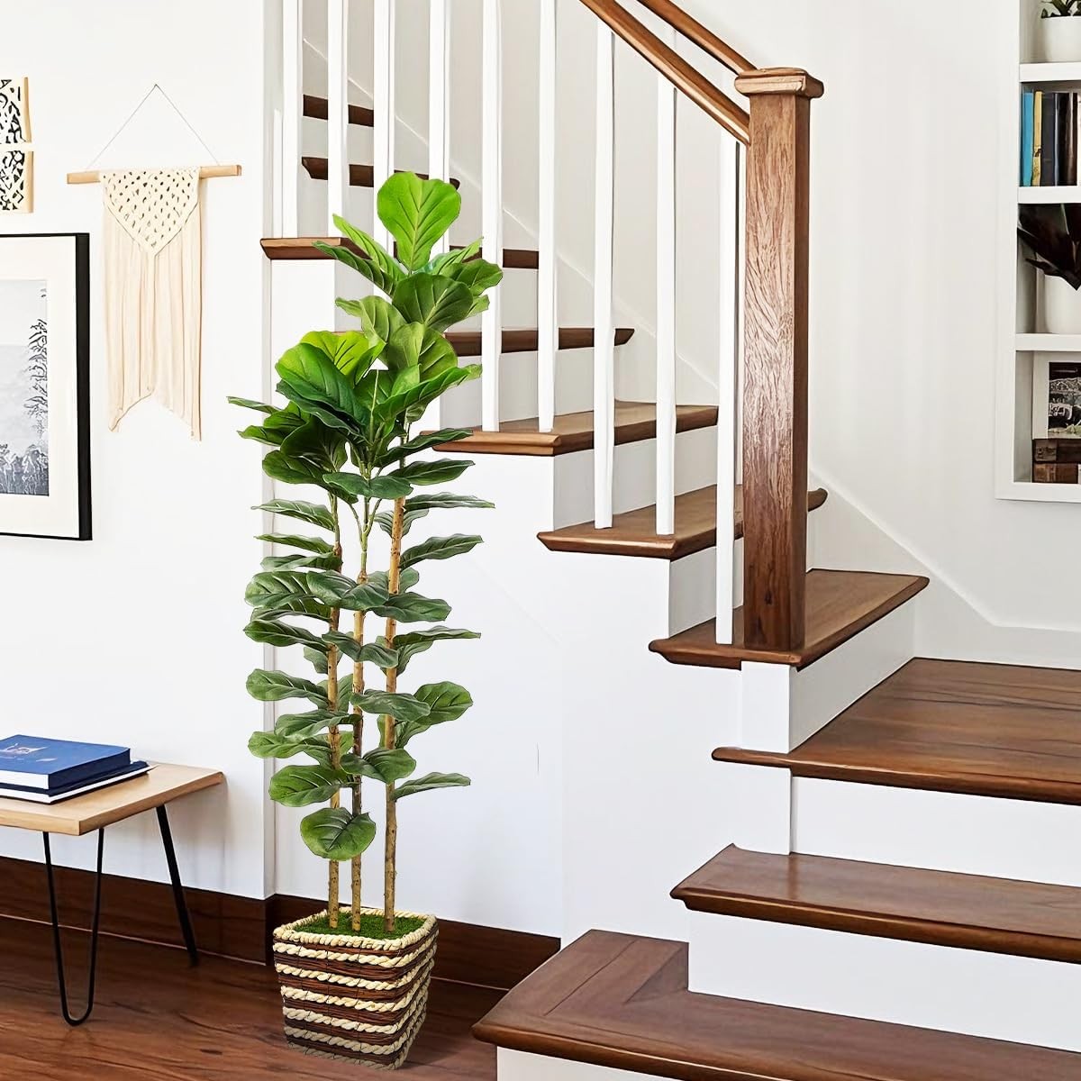 Artificial Fiddle Leaf Fig Tree Indoor with Woven Basket – 5ft Tall Fake Tree