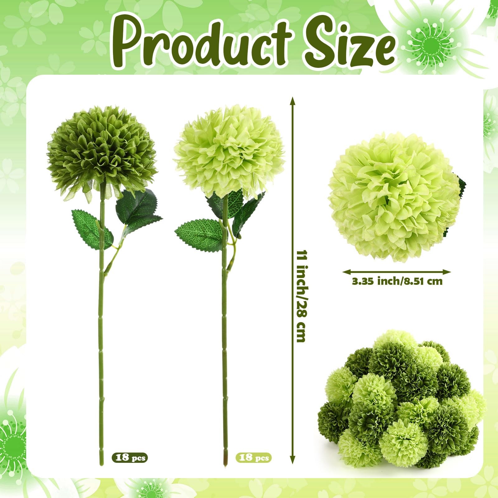 36 Pcs Green Artificial Chrysanthemum Flowers 3.3″ Diameter Faux Bouquet Silk…