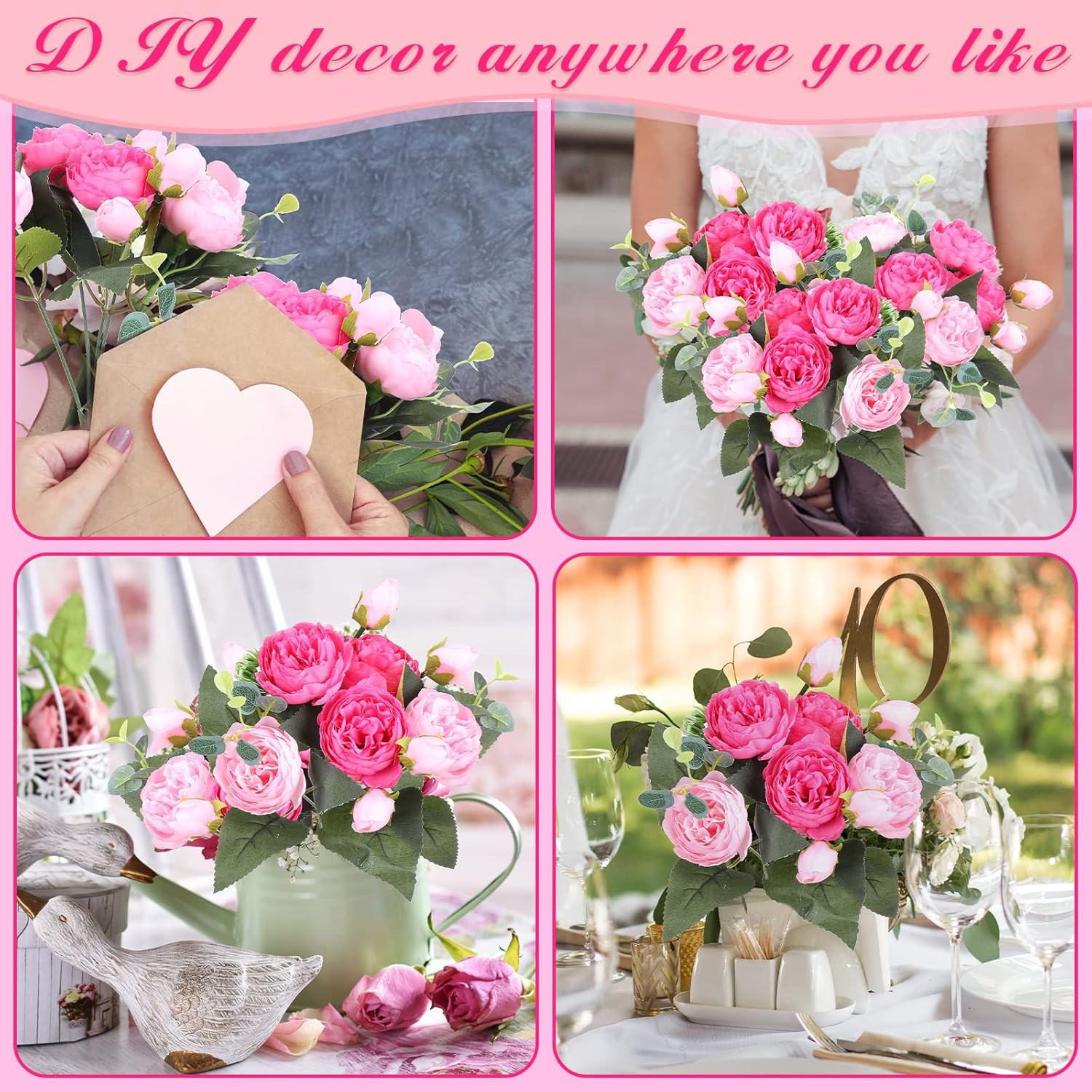 16 Packs Pink Artificial Peony Flowers for Wedding & Home Decor