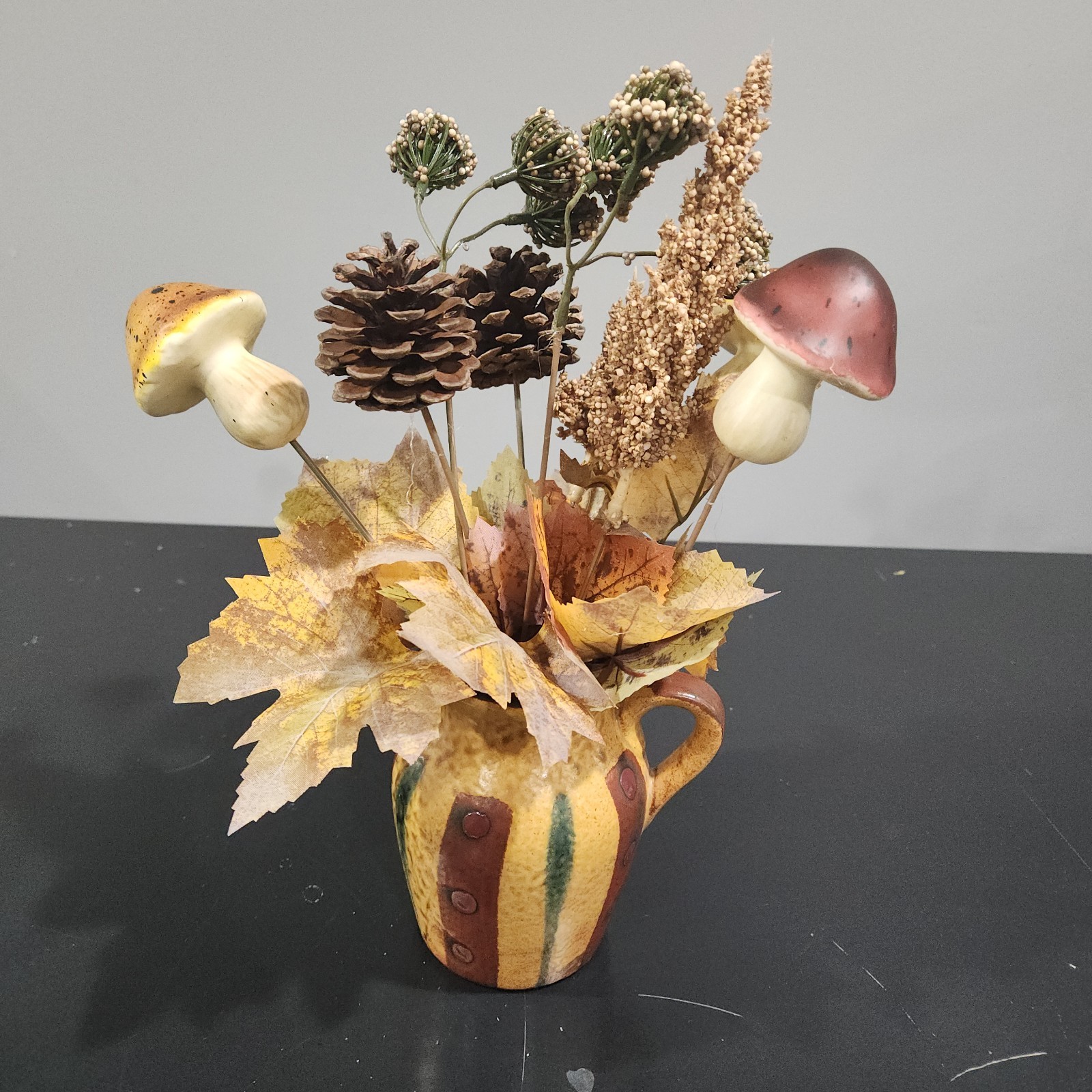 Vtg Vase Creamer Pottery Faux Retro Floral Arrangement Cones Mushroom Fall 12″