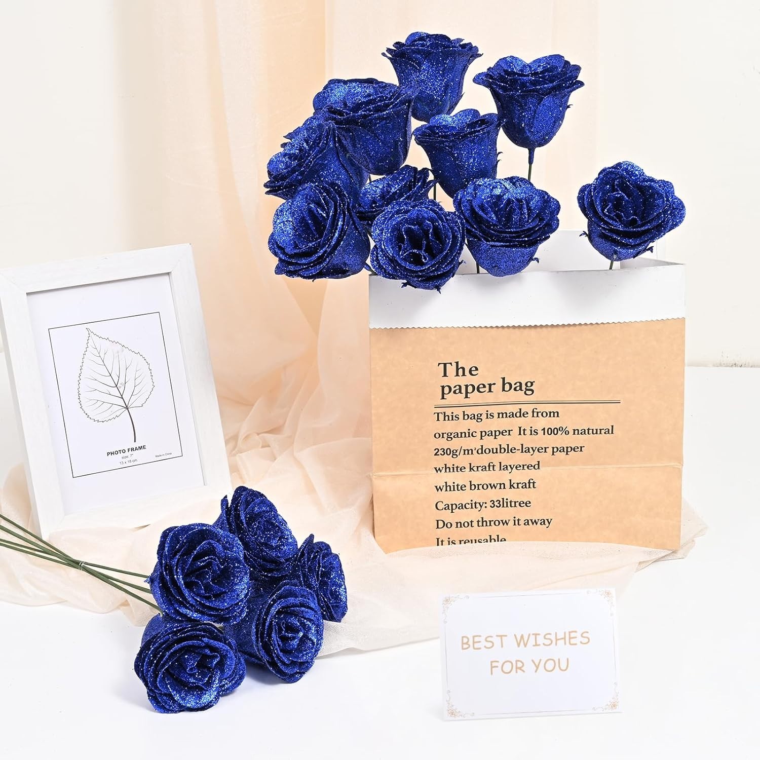 Blue Glitter Roses Bouquet, DIY Fake Flowers Bouquet, Everlasting Shiny Artifici