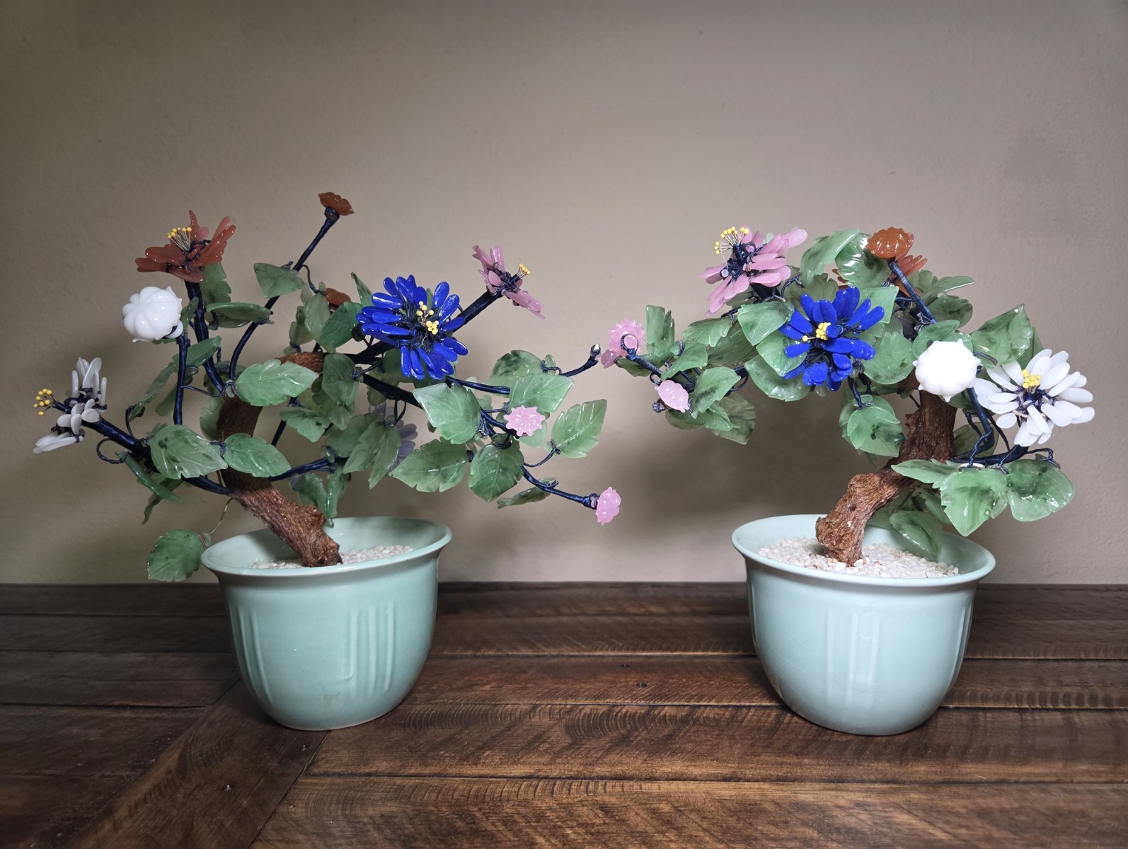 Vintage Chinese Jade & Glass Bonsai Trees – Matching Pair