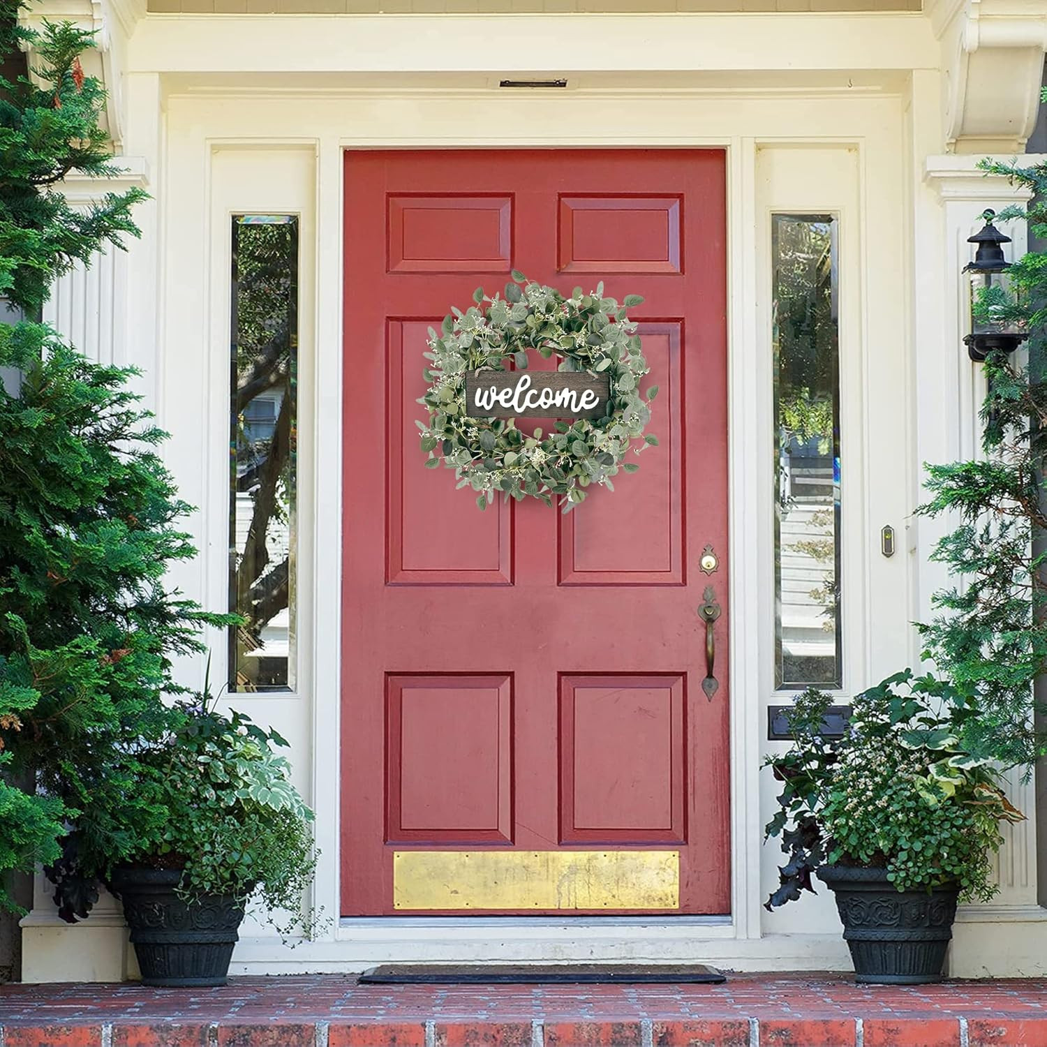 Green Eucalyptus Leaf Wreath with Welcome Sign 20In Artificial Eucalyptus Wreath