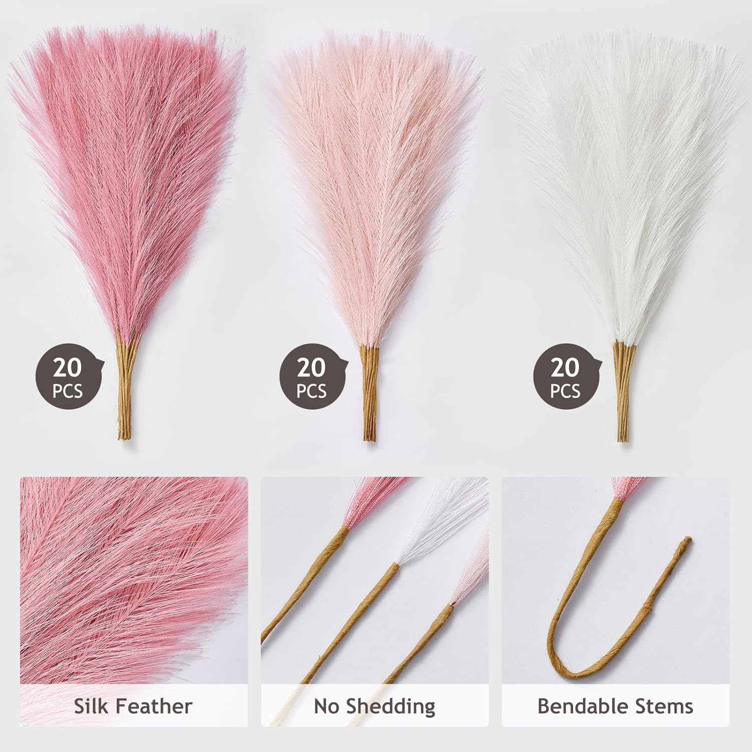 60PCS 17.7″ Pink Pampas Grass Boho Feathers Decor for Home Decor | Artificial Fa