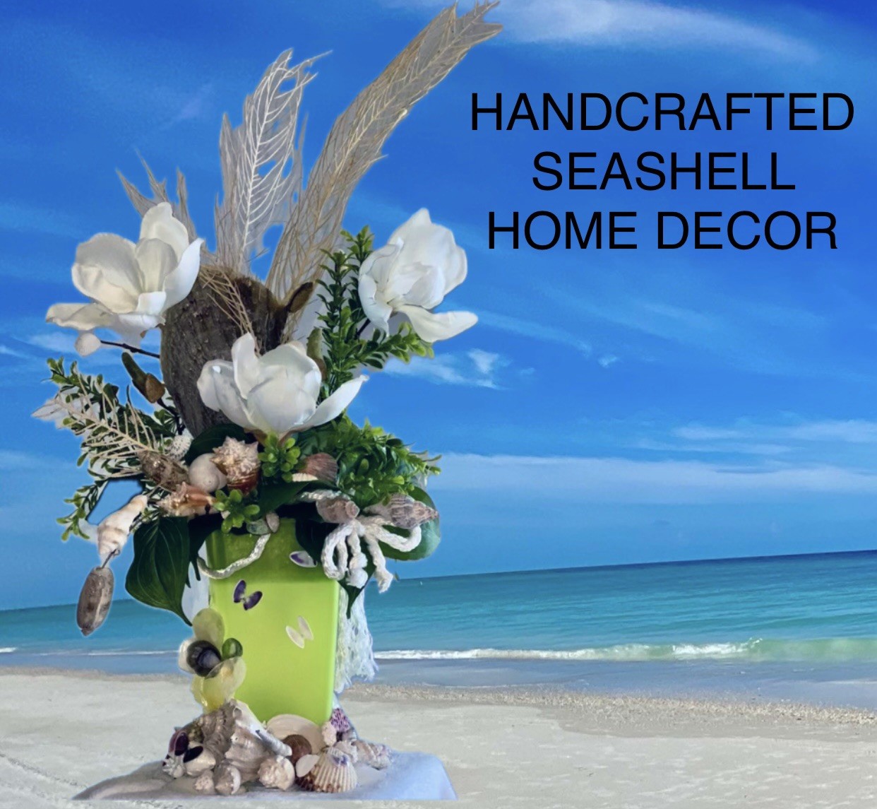Seashell 23” Floral Arrangement, Sea Shell Vase, Flowers, Nautical, Flowers