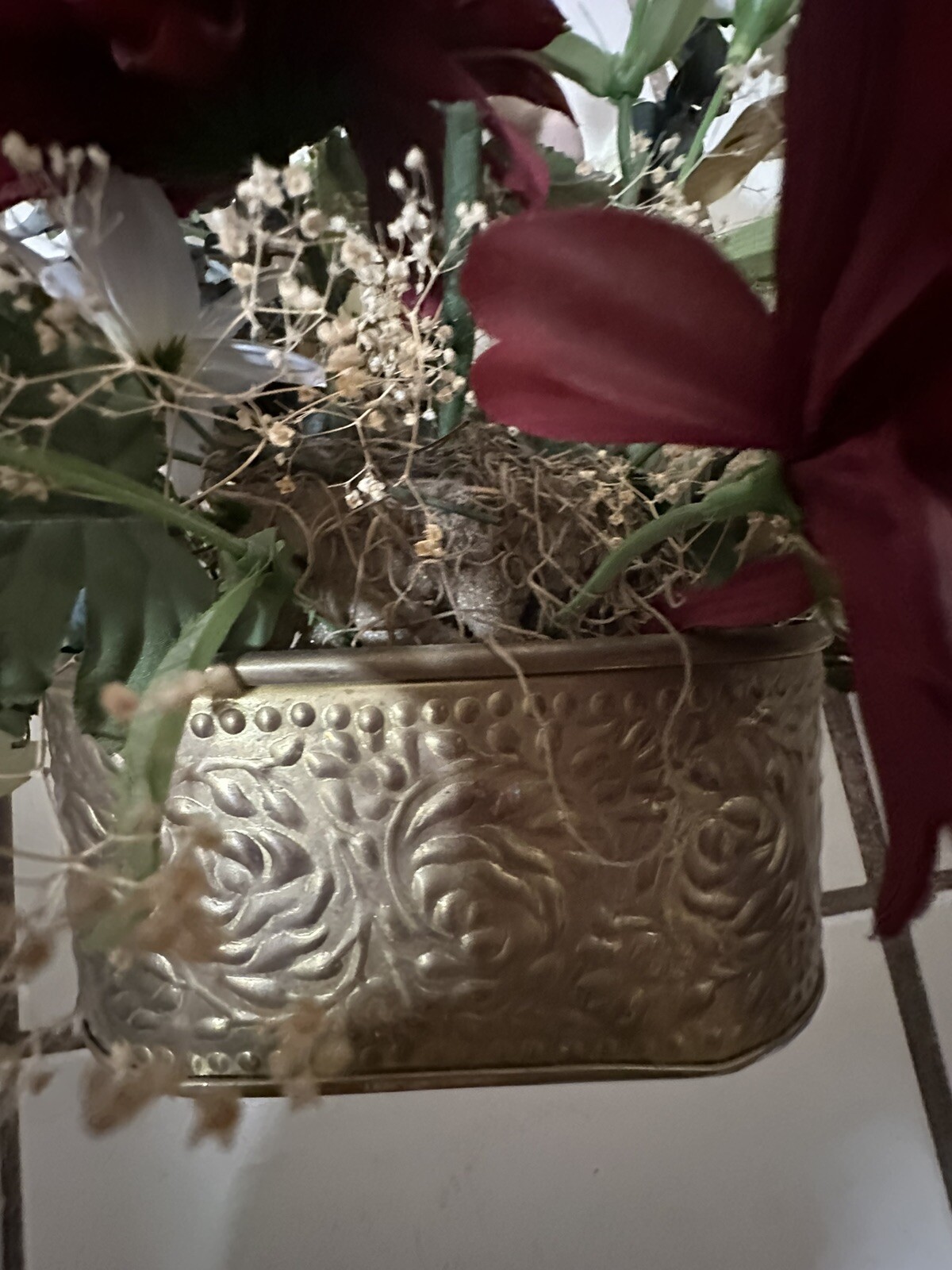 Silk Floral Arrangement Antiqued Brass Planter 18″W X 12”T Eucalyptus & Various