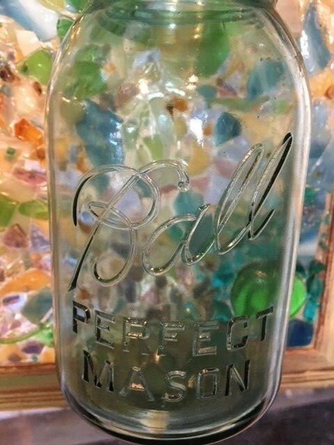 SHABBY CHIC FRAMED GLASS MOSAIC W/MASON JAR ATTACHD TO HOLD FRESH FLOWERS