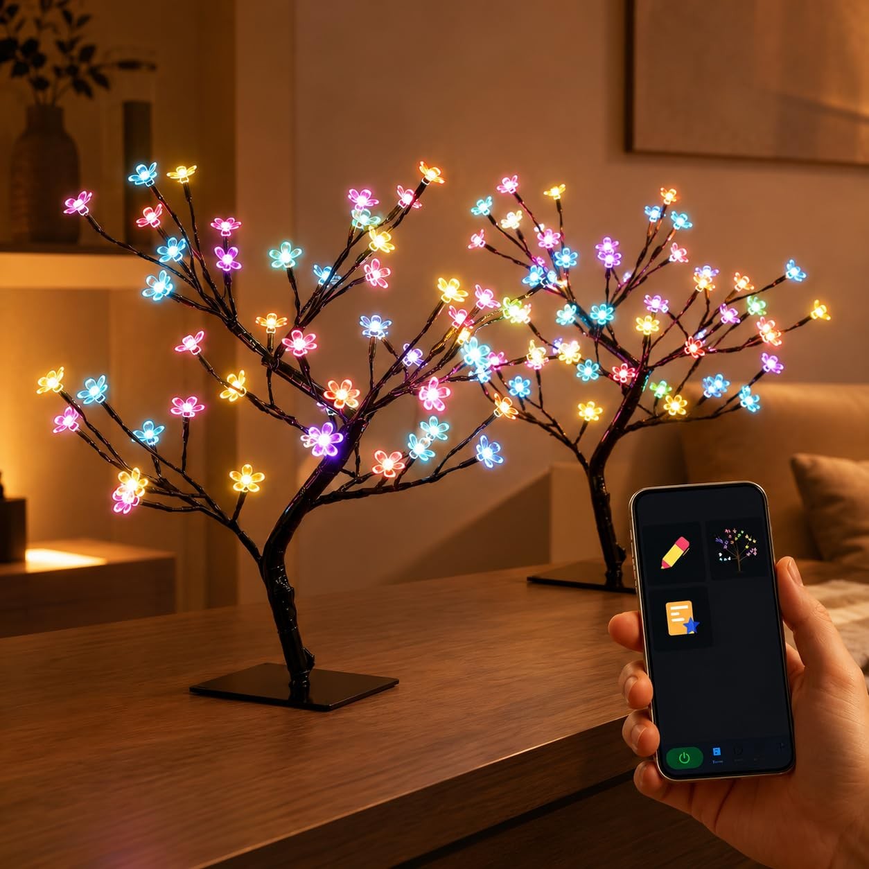 Smart LED Cherry Blossom Bonsai Tree 2 Pack, 16 Inch RGB Lamp
