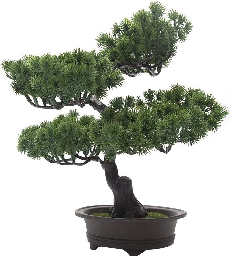 Artificial Bonsai Pine Tree, 11Inch Faux Potted Plant Desk Display Fake Tree Pot