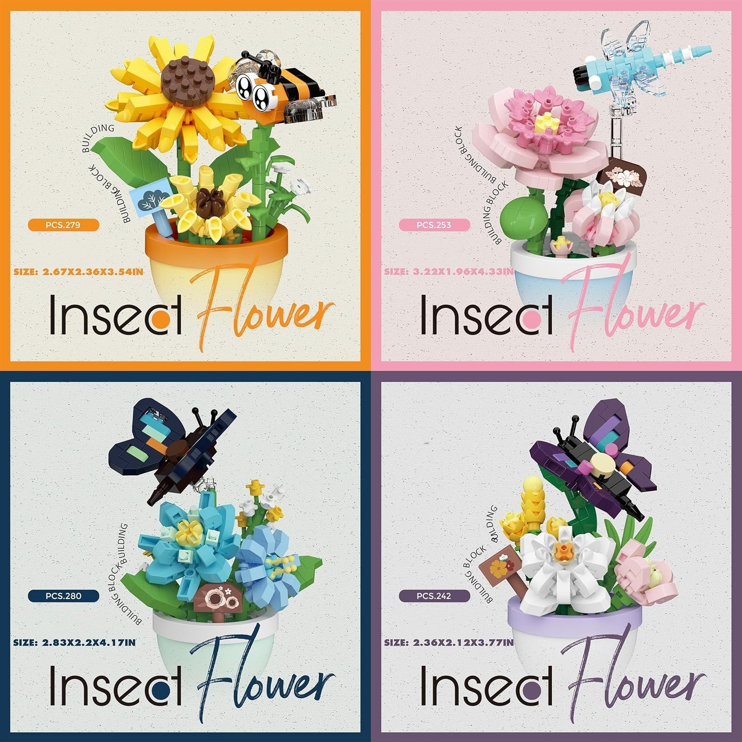 4 Set Mini Flower Bonsai Building Toy Set | Cute insects potted plant micro b…