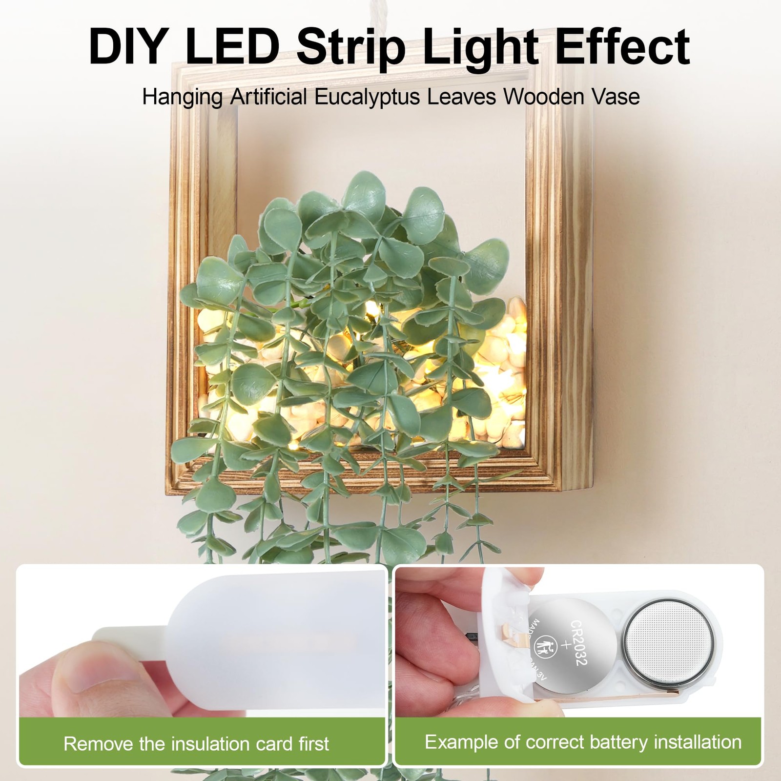 2 Pack Fake Plants Hanging, Artificial Eucalyptus Vines in Square Wooden Fram…