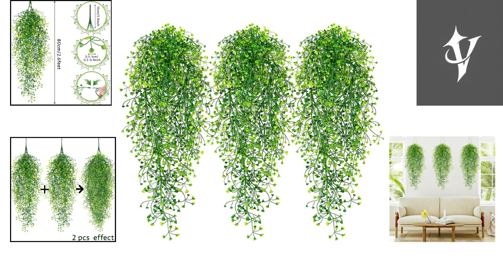 Gorgeous 3pcs UV-Proof Faux Hanging Plants for Effortless Indoor/Outdoor Style