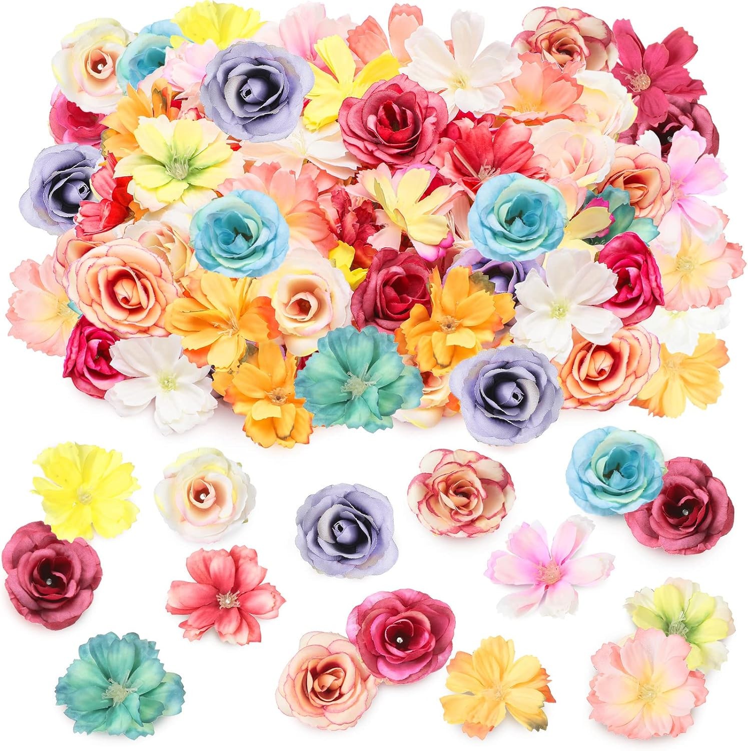 80 Pcs Faux Flower Heads Mini Artificial Flower Heads Fake Peony Daisy Rose Plum