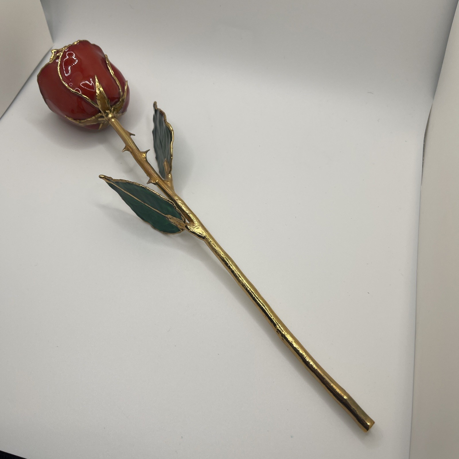 Genuine Real Rose Trimmed In 24 Kt. Gold Long Stem Rose Red Rose Green Leaves