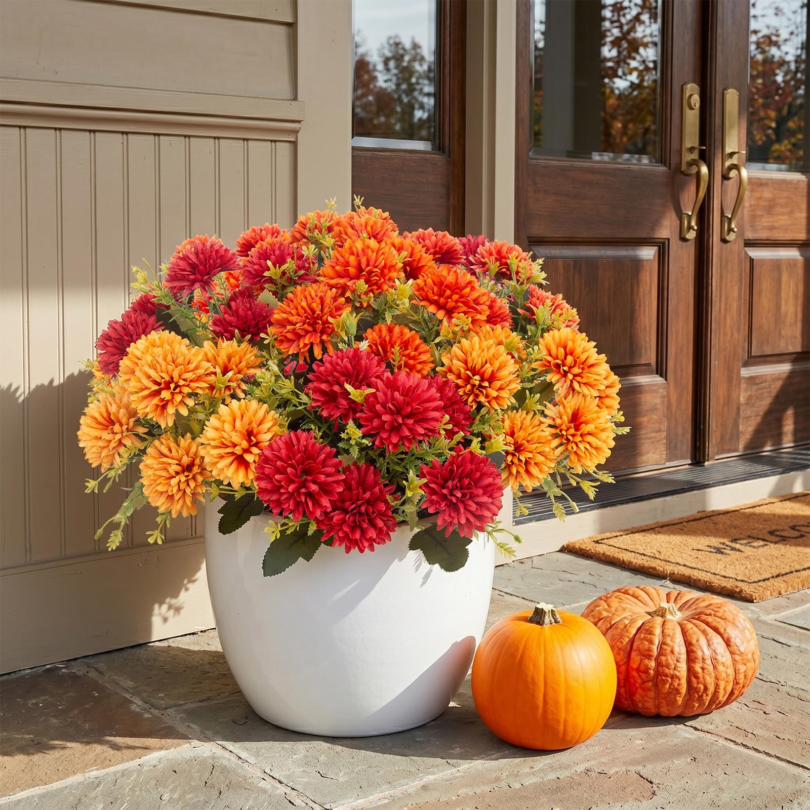 12 Pcs Artificial Fall Flowers for Outdoors, UV Resistant Fake Mums Chrysanth…