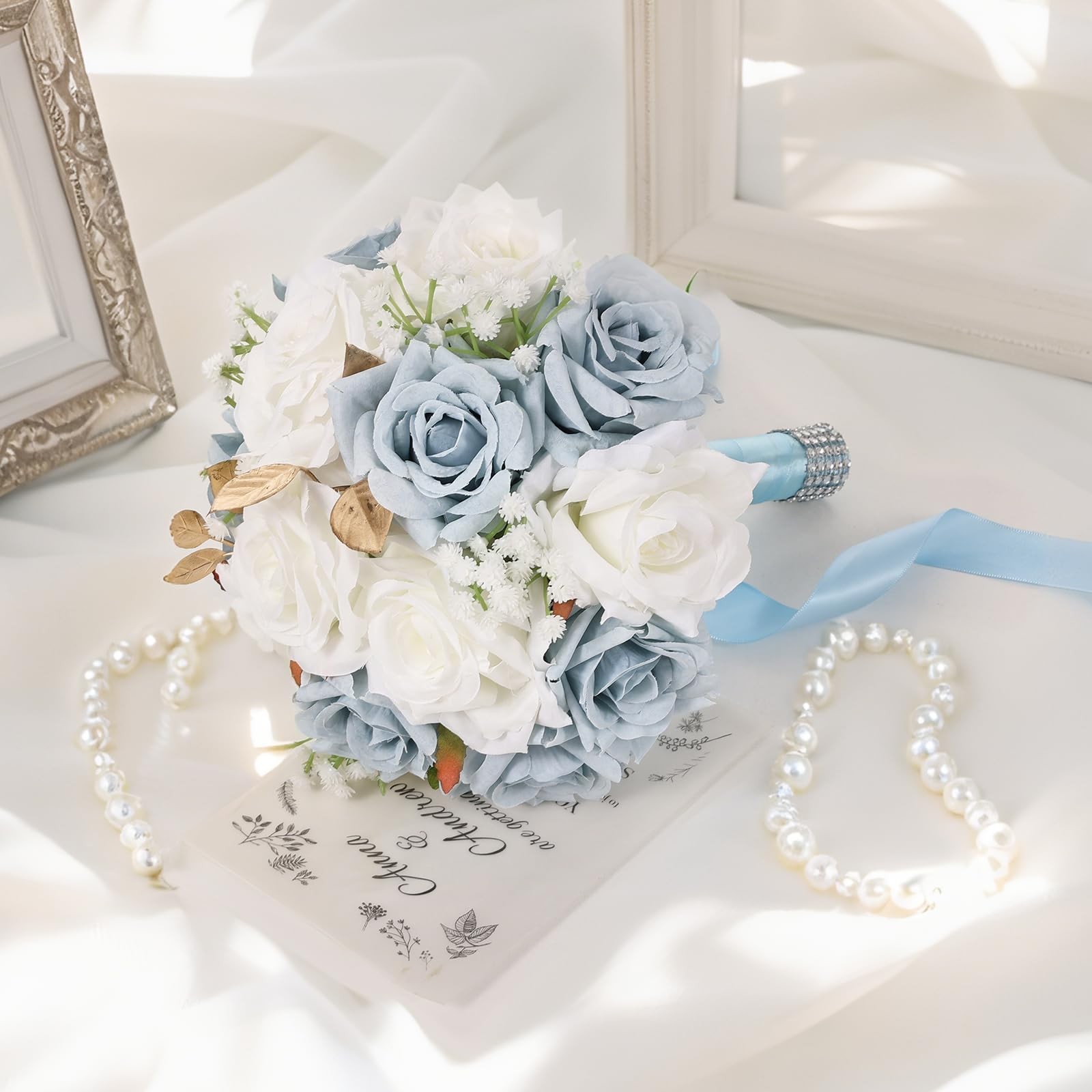 9 Inch Wedding Bouquets for Bride White & Blue Artificial Silk Roses Realistic