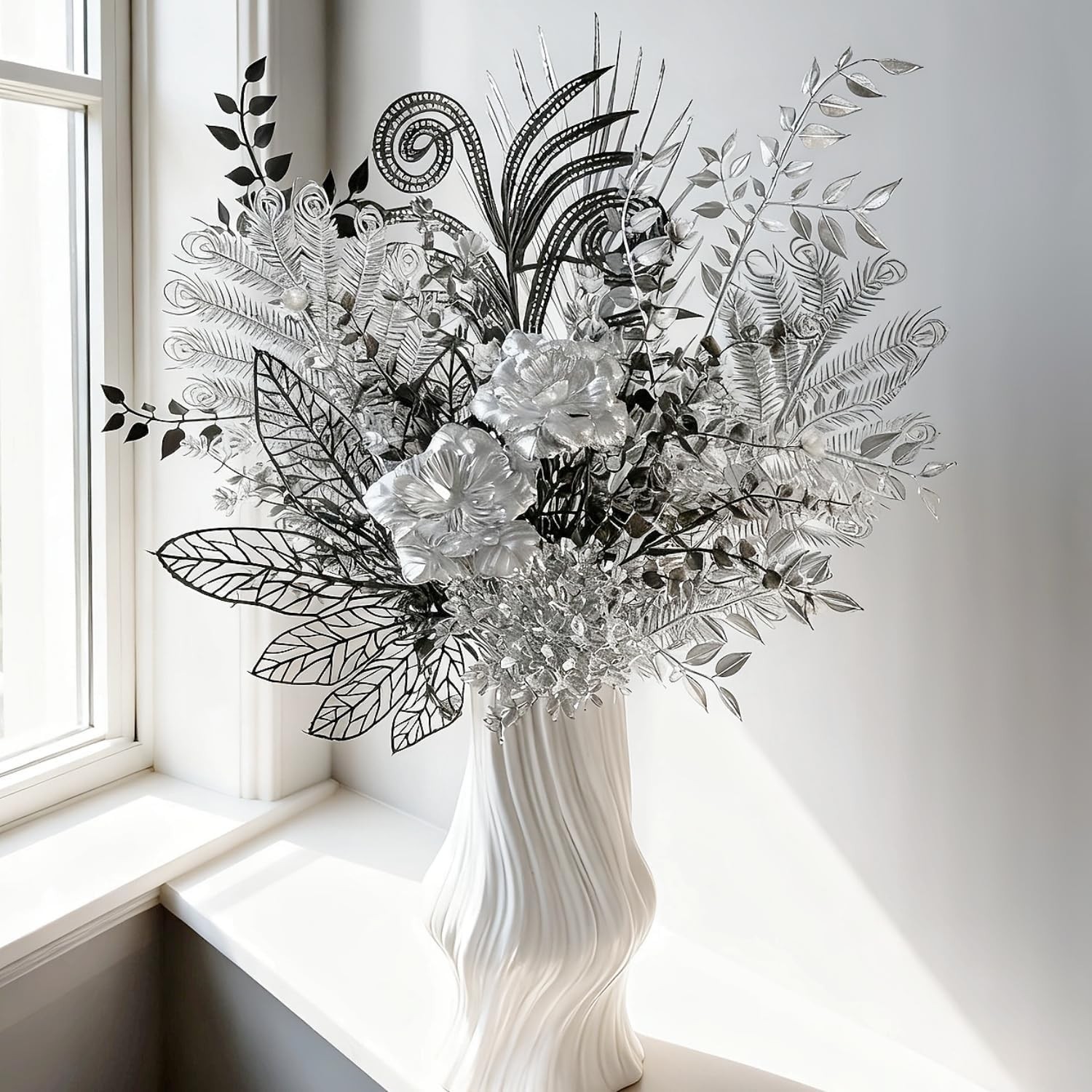 17-Inch Shimmering Black and Silver Artificial Bouquet, Modern Gothic Silk Flowe