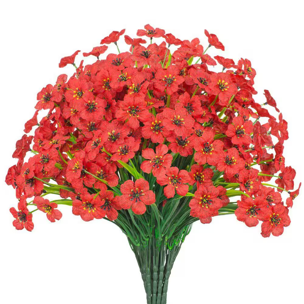 14 In. Red Outdoor Artificial Flowers 21 UV Resistant Bundles Fake Flower Plasti