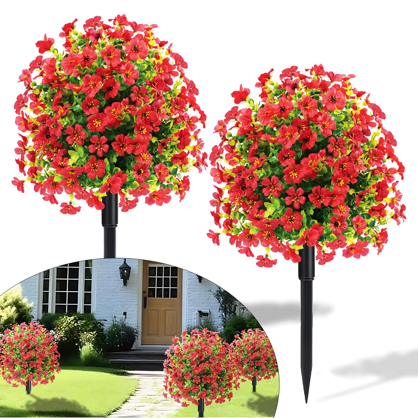 23″ Set of 2 Spring Artificial Boxwood Topiary Ball Tree with Spikes,UV Resis…