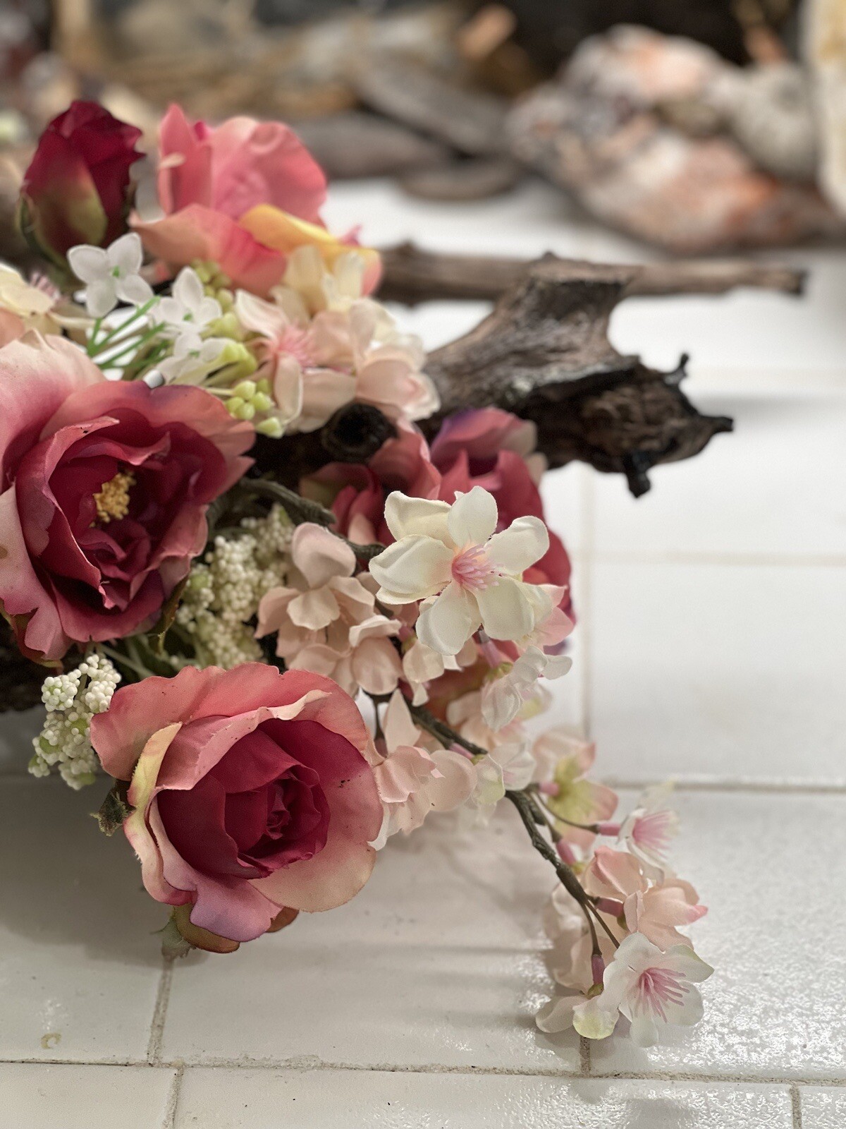ORIGINAL FLORAL DESIGN WOOD BASE, ROSES, PEACH BLOSSOMS MOSSES BABY BREATH