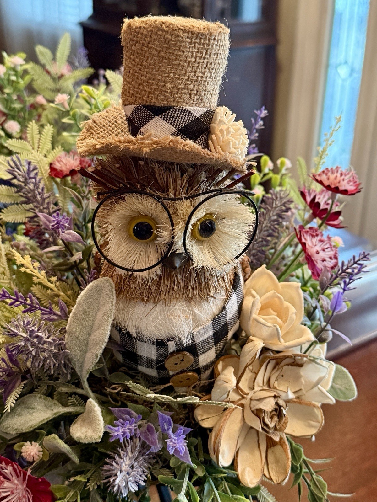 Handmade Whimsical Straw Owl Floral Arrangement Centerpiece Rustic Scroll Stand