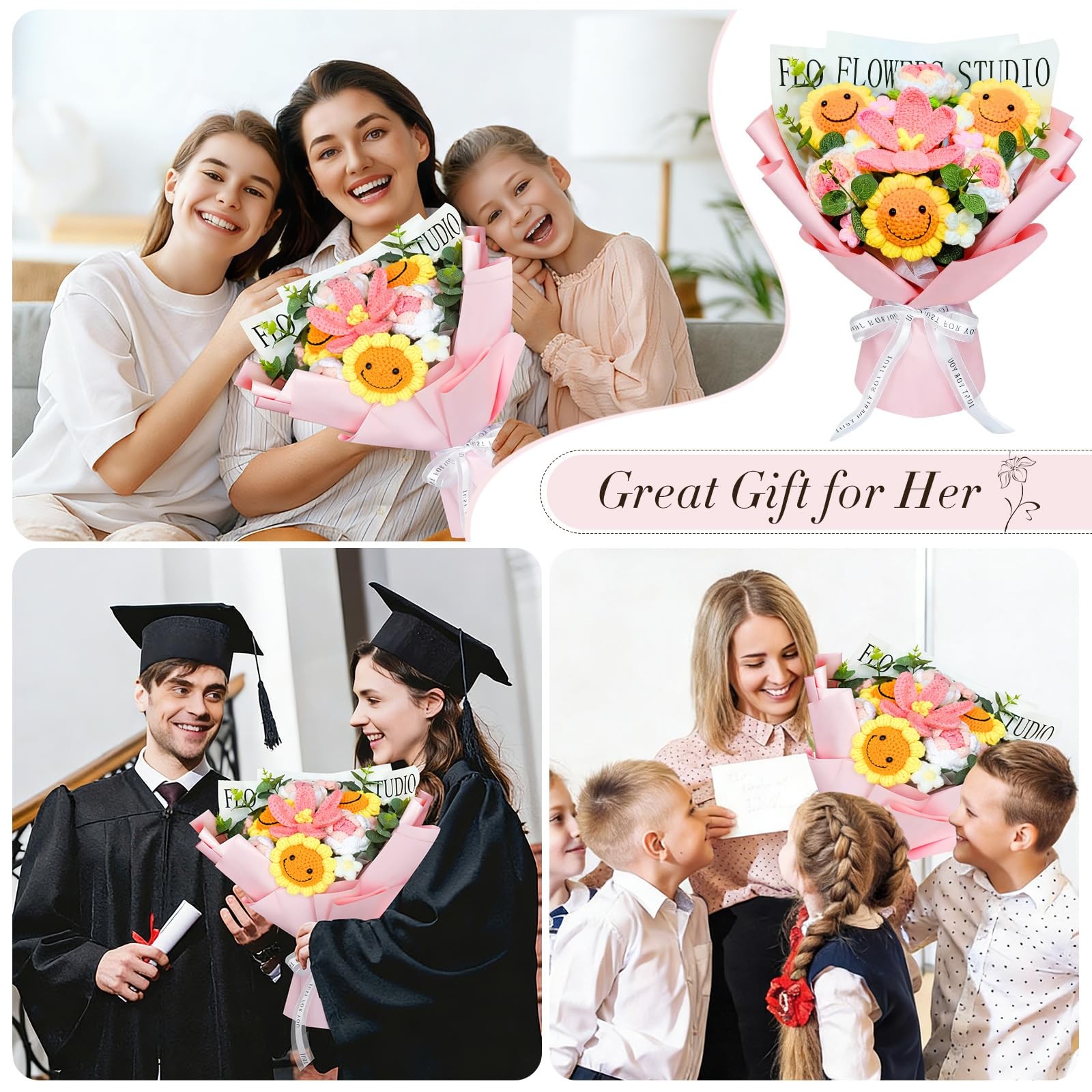 Bnoiiok Crochet Flower Bouquet,Pink Sunflower Handmade Knitted Flowers