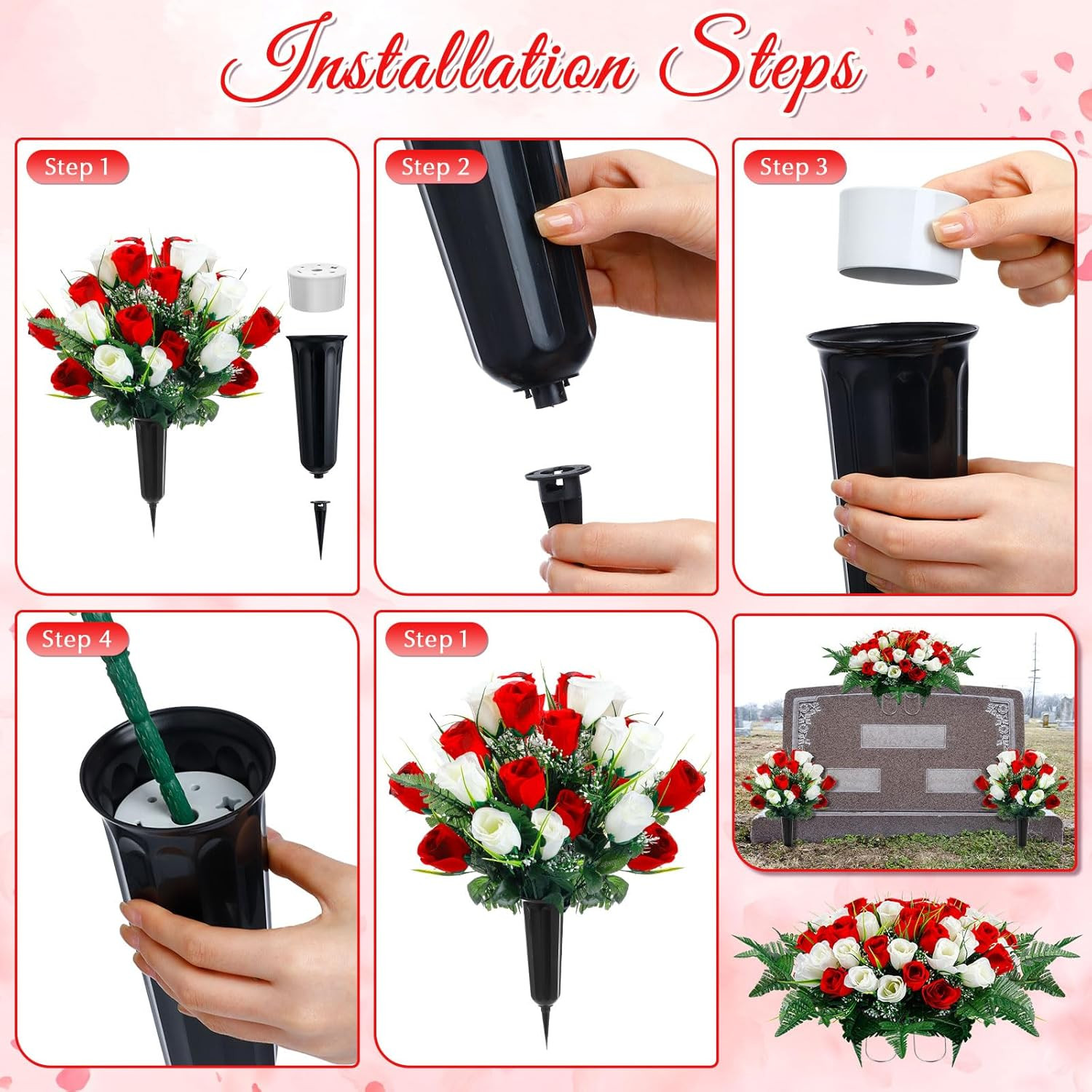 3 Pcs Artificial Cemetery Flower Set with Vase – Red & White Memorial Bouquets