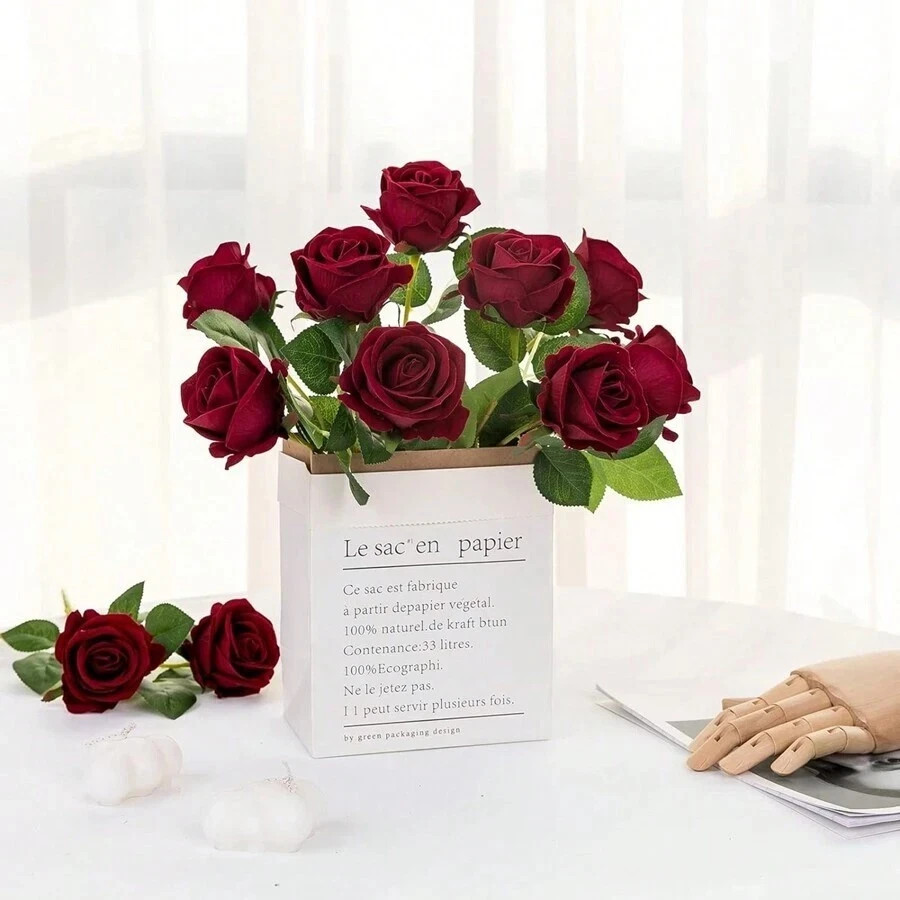 5pcs Burgundy Artificial Rose Bouquet Faux Plastic Flowers Wedding Bridal Decor