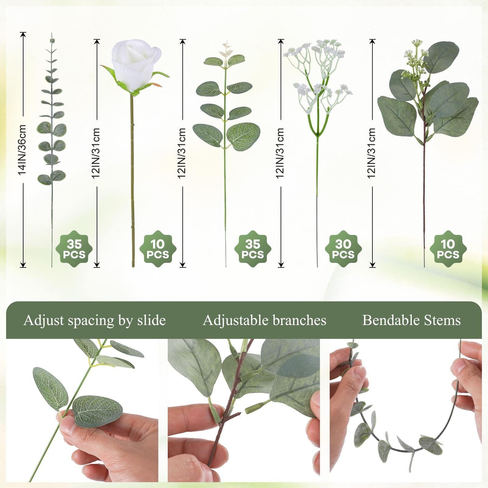 120 Pcs 5 Kinds Mixed Artificial Eucalyptus Stems, Rose Baby’s Breath Fake Fl…